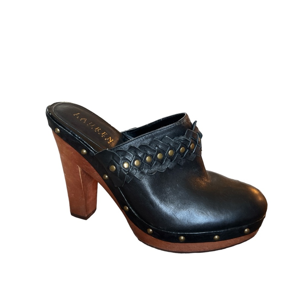 Lauren Ralph Lauren Women’s Black Leather Mule Clogs SHAYLA Wood Heels Sz 8.5M